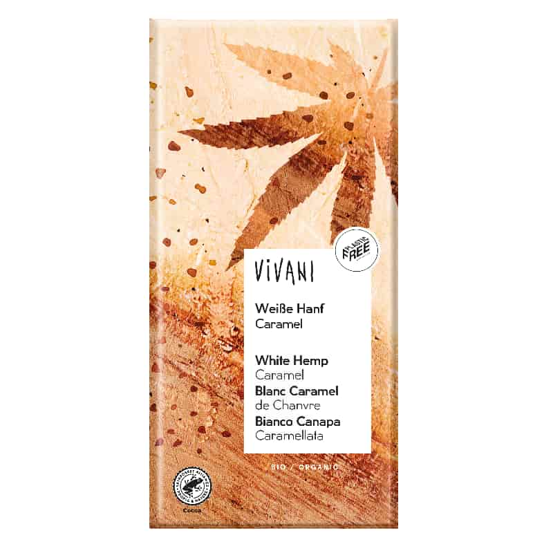 Βιολογική λευκή σοκολάτα με κάνναβη και καραμέλα 80g, Vivani