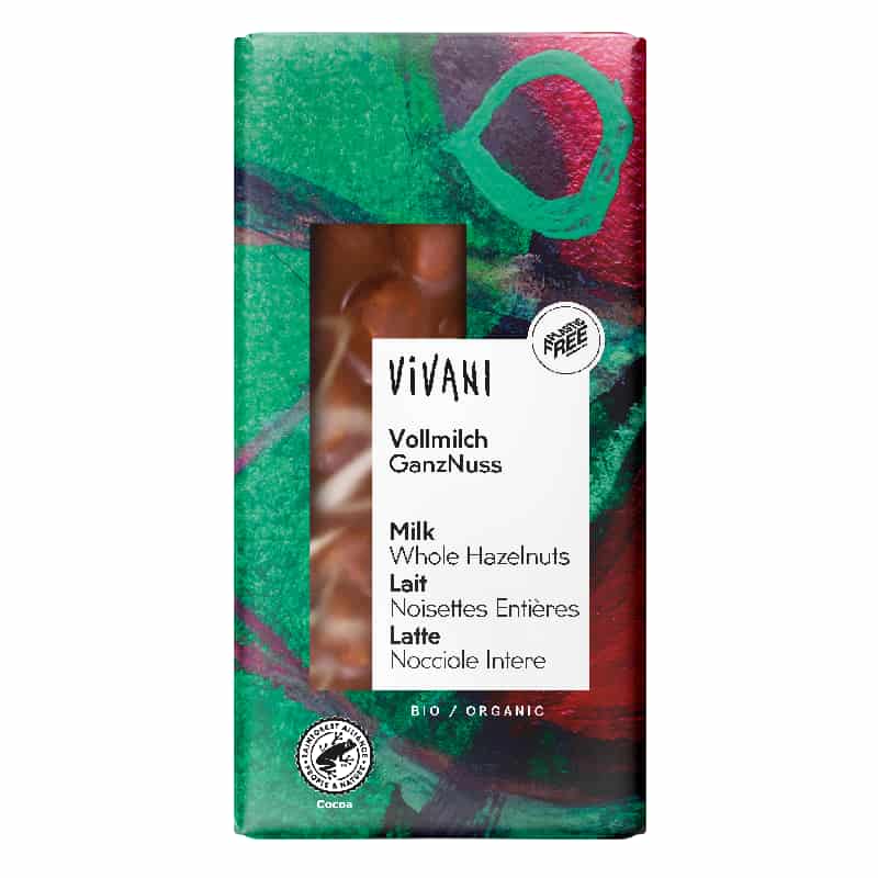 Βιολογική σοκολάτα γάλακτος με ολόκληρα φουντούκια 100g, Vivani