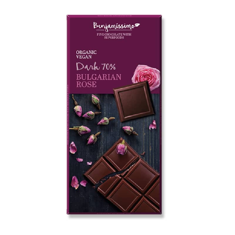 Βιολογική μαύρη σοκολάτα 70% με ροδόνερο 70g, Benjamissimo