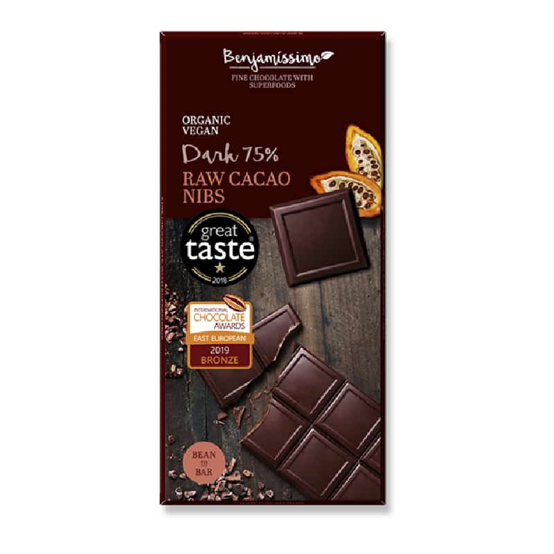 Βιολογική μαύρη σοκολάτα 75% με κομματάκια κακάο 70g, Benjamissimo