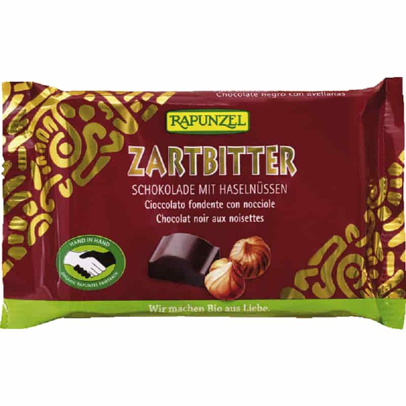 Βιολογική μαύρη σοκολάτα Zartbitter με ολόκληρα φουντούκια 100g, Rapunzel