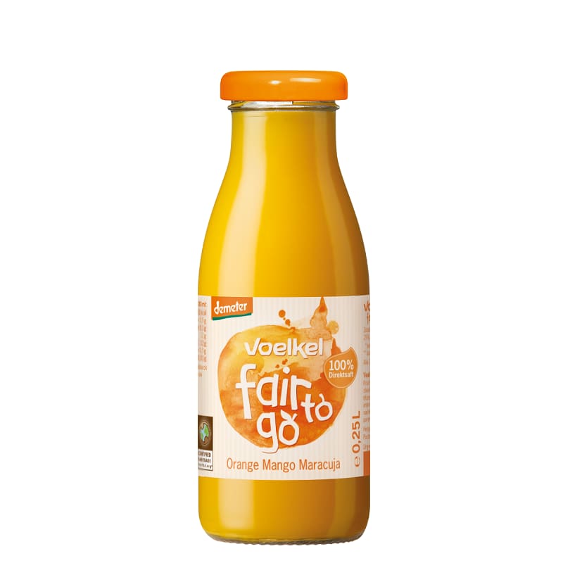 Βιολογικός χυμός Fair To Go πορτοκάλι, μάνγκο & φρούτα του πάθους 250ml, Voelkel